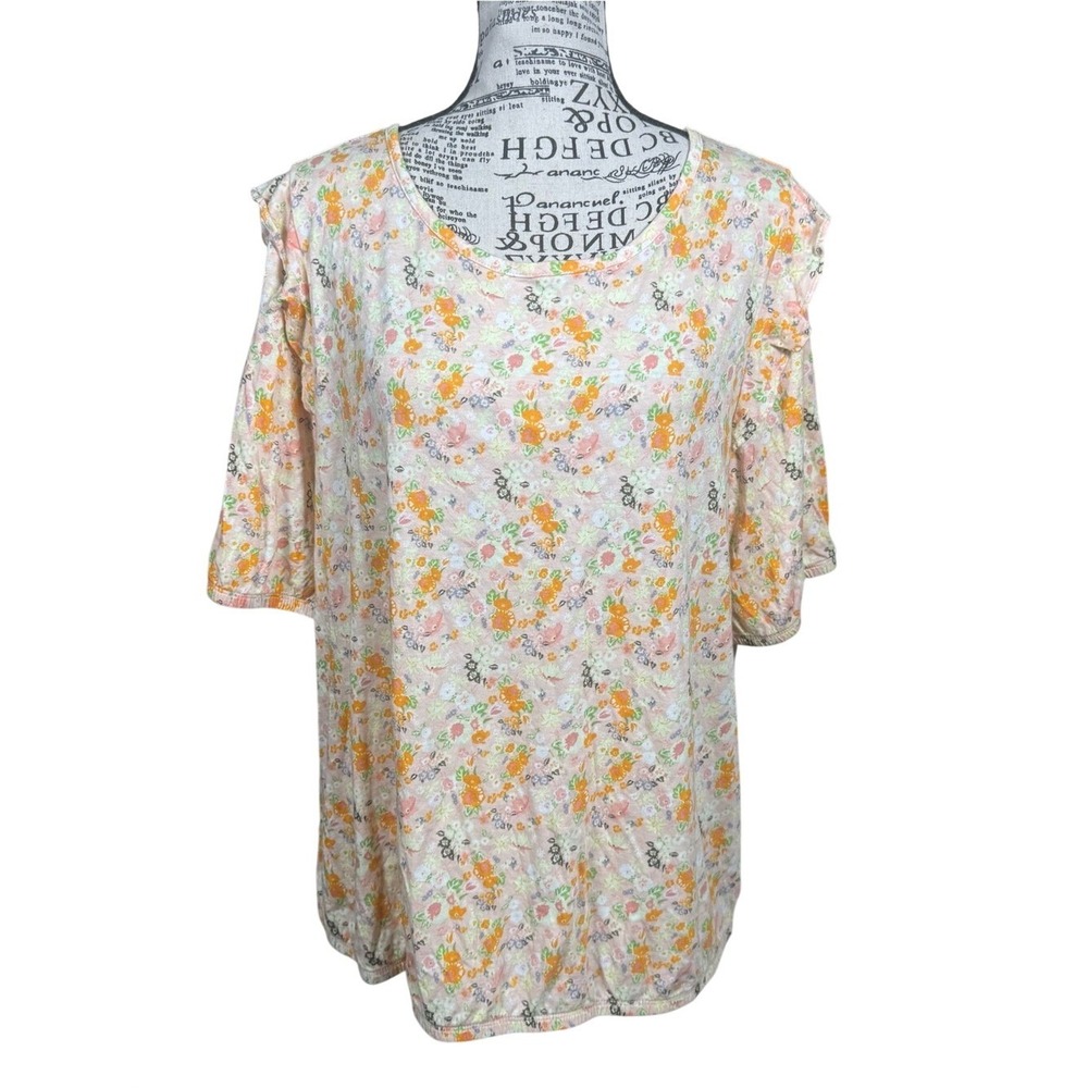 LOFT Floral Short Sleeve Tee in White, Orange, Pink and Green